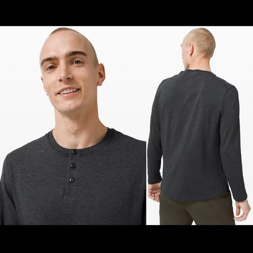Lululemon Mens 5 Year Basic Long Sleeve Henley Heathered Black XL